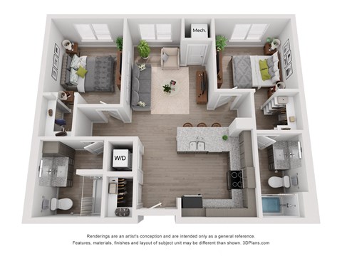 Floor plan for 2 beds, 2 baths, 934 sqft